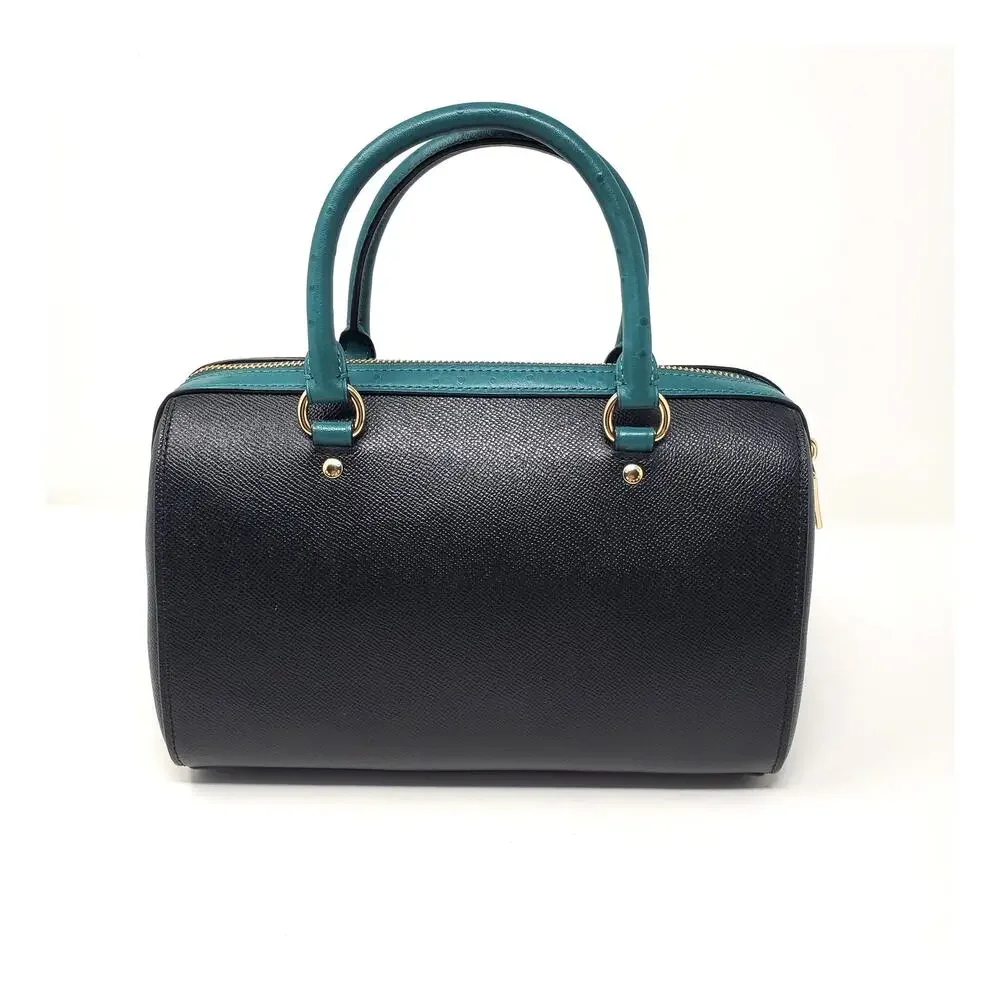 Coach Rowan Satchel Handbag Black Viridian Green Ostrich-Embossed Leather F88033